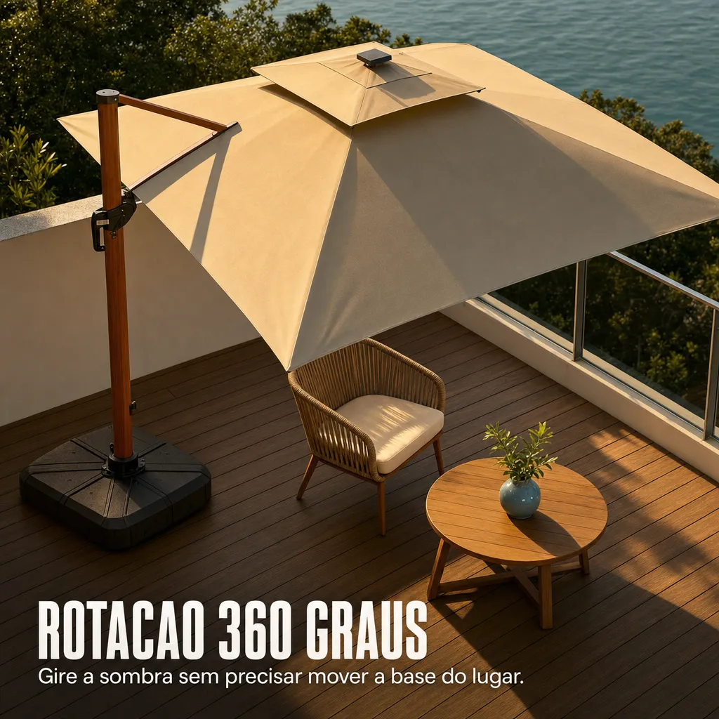 Ombrelone visto de cima em um deck, demonstrando a rotação de 360 graus