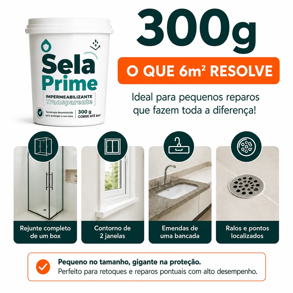 SelaPrime 300g cobre até 6m²: rejunte completo de um box, contorno de duas janelas, emendas de bancada e ralos