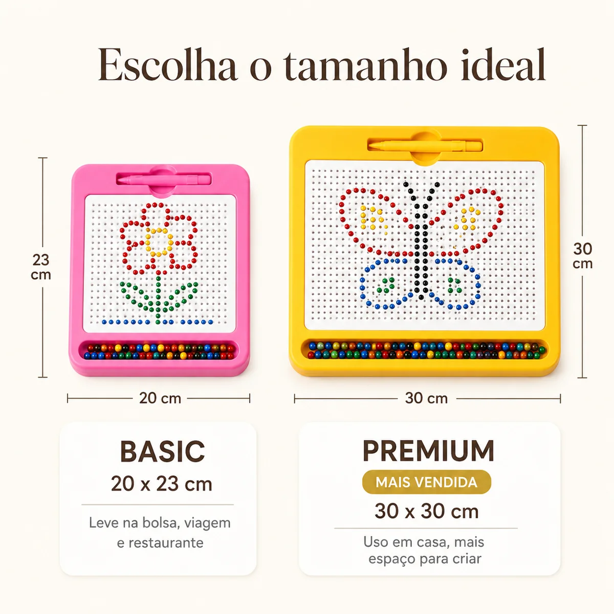 Comparação de tamanhos: lousa BASIC rosa de 20 x 23 cm e lousa PREMIUM amarela de 30 x 30 cm