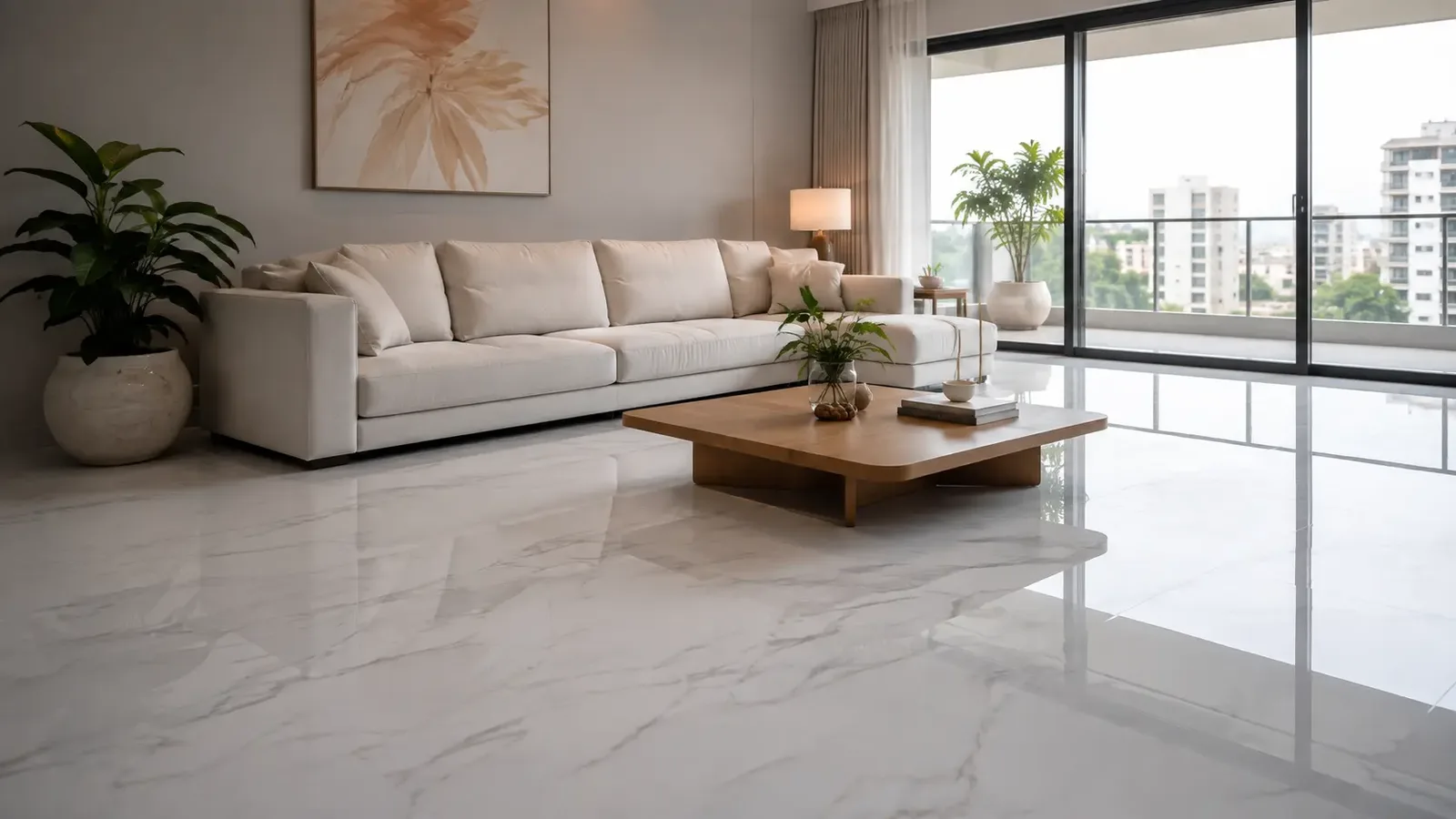 Sala de estar com piso epóxi branco efeito mármore de alto brilho
