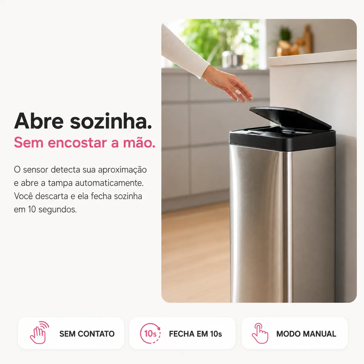 Lixeira automática abrindo sozinha ao aproximar a mão: sem contato, fecha em 10 segundos e tem modo manual