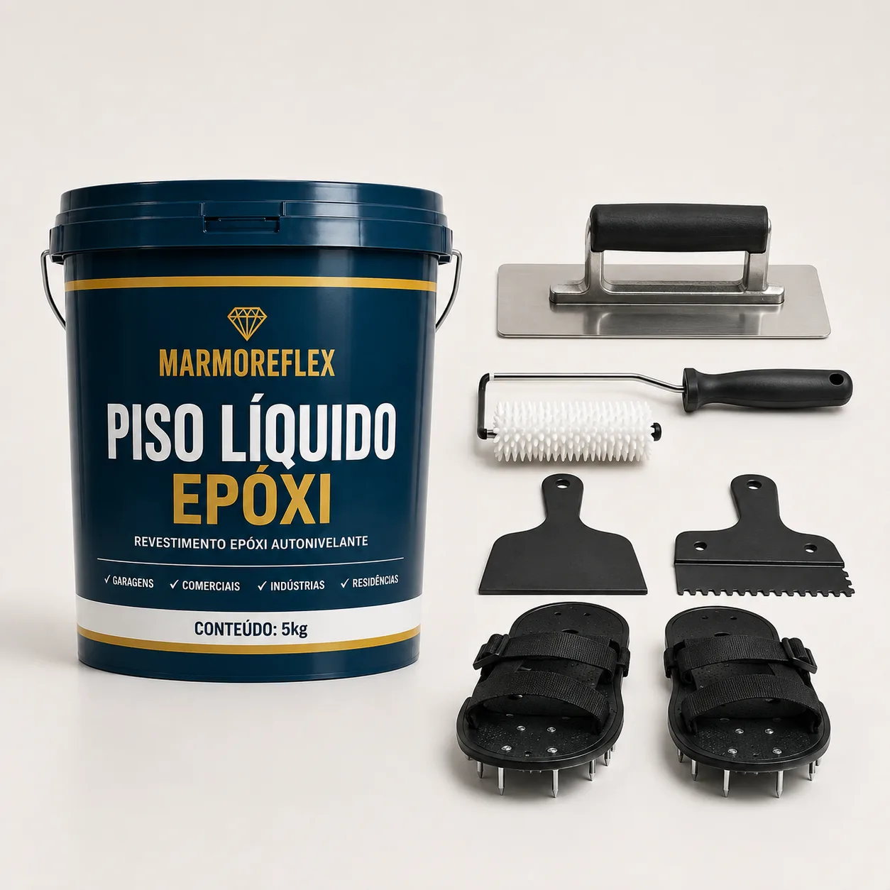 Balde de 5kg do MarmoreFlex acompanhado do kit de aplicação completo
