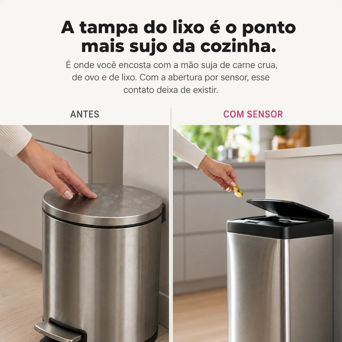 Comparação antes e depois: tampa de lixeira comum marcada por dedos versus lixeira com sensor, aberta sem contato