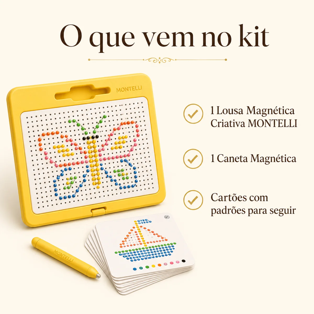 Kit completo: lousa magnética MONTELLI amarela, caneta magnética e cartões com padrões