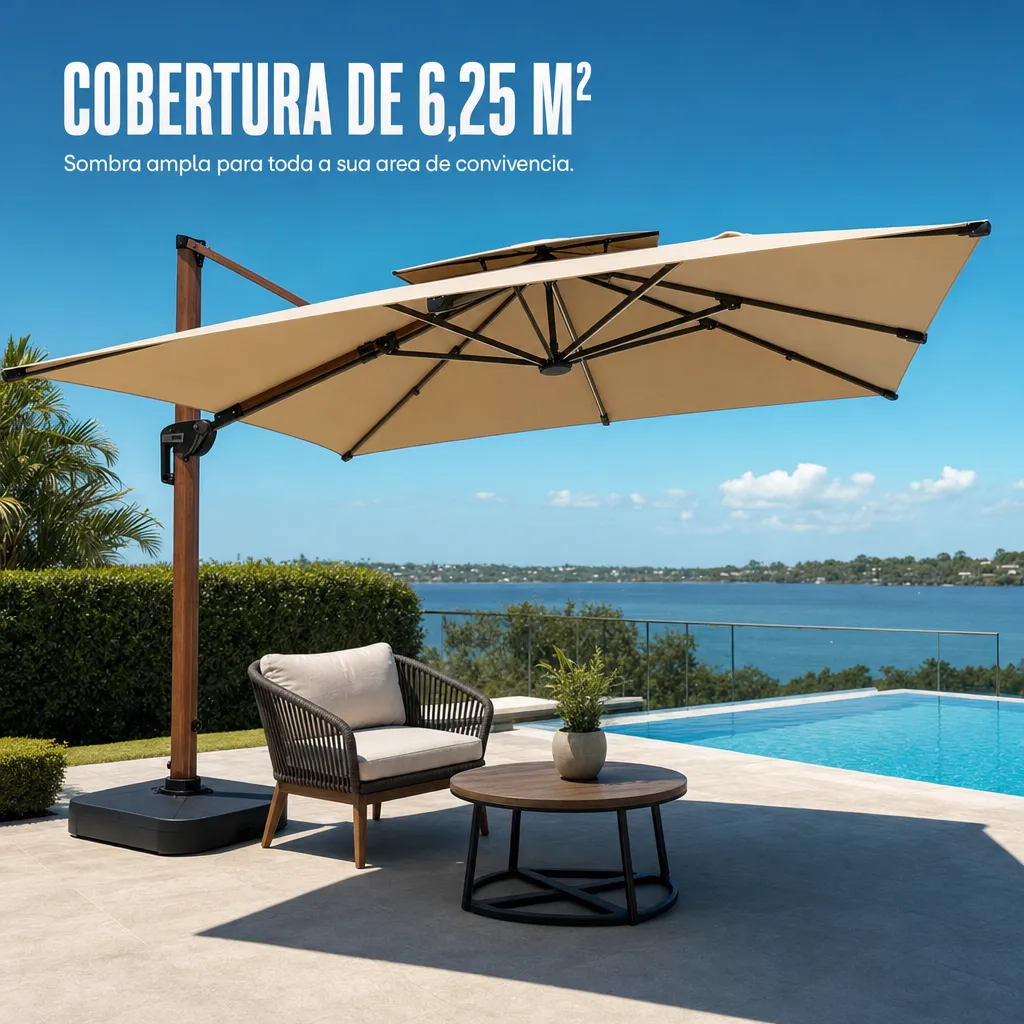 Ombrelone lateral bege aberto ao lado de uma piscina, com 6,25 m² de cobertura