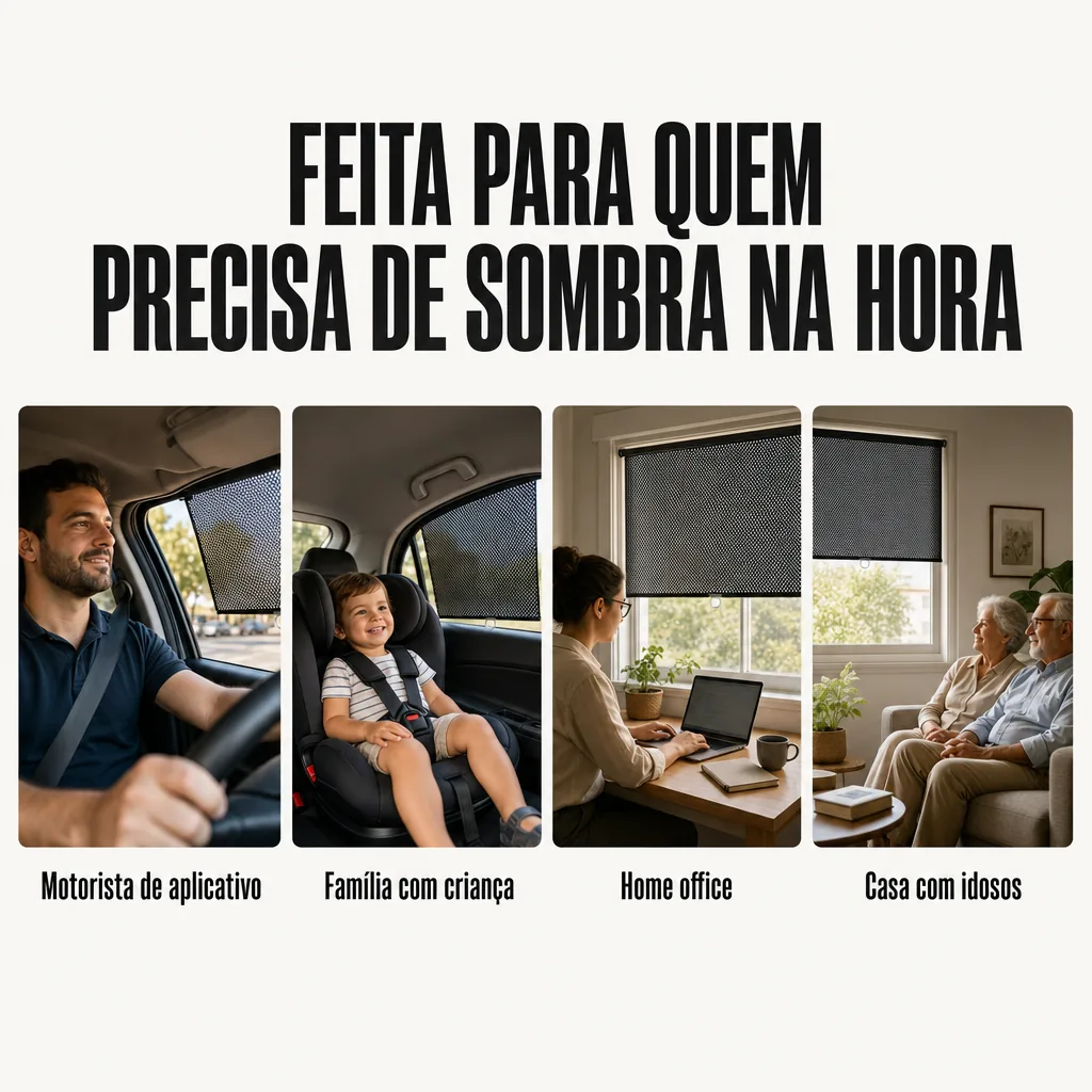 Pessoas diferentes usando a tela solar retrátil: motorista, família, home office e idoso