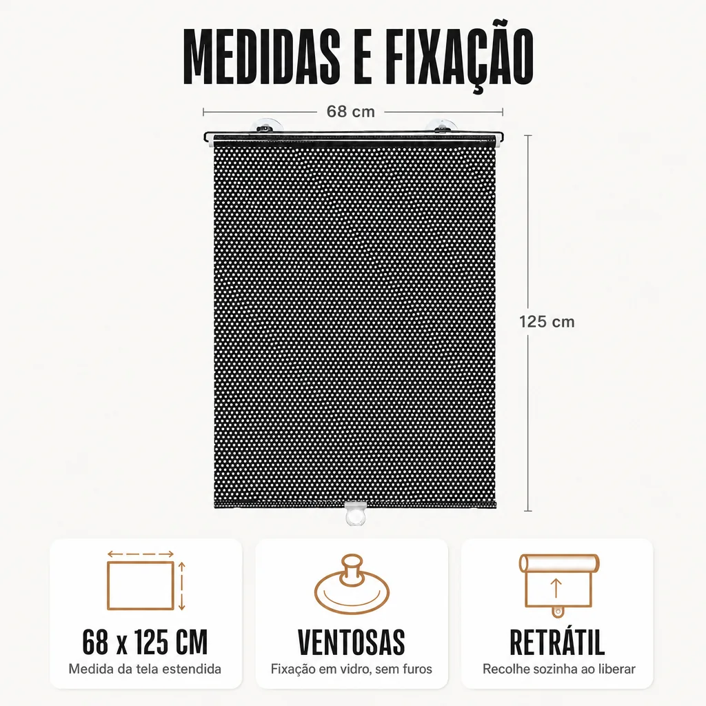 Infográfico com as medidas da tela solar retrátil: 68 cm de largura por 125 cm de altura